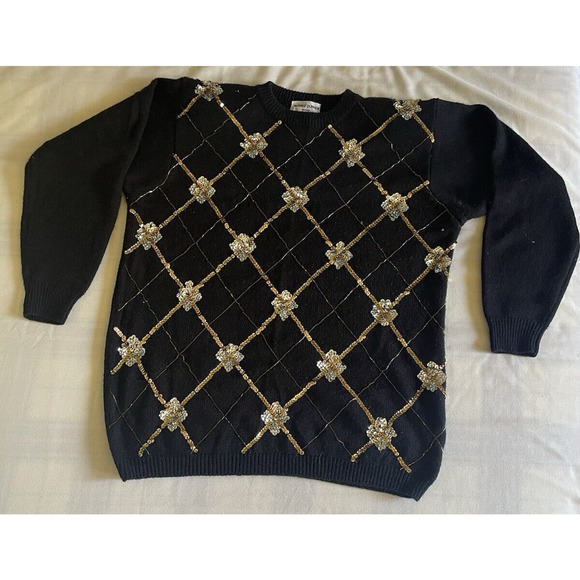 Alfredo Dunner Vtg Black Sweeter Gold Sliver Sequin Chunky Knit Crewneck Sz PM - Picture 4 of 7